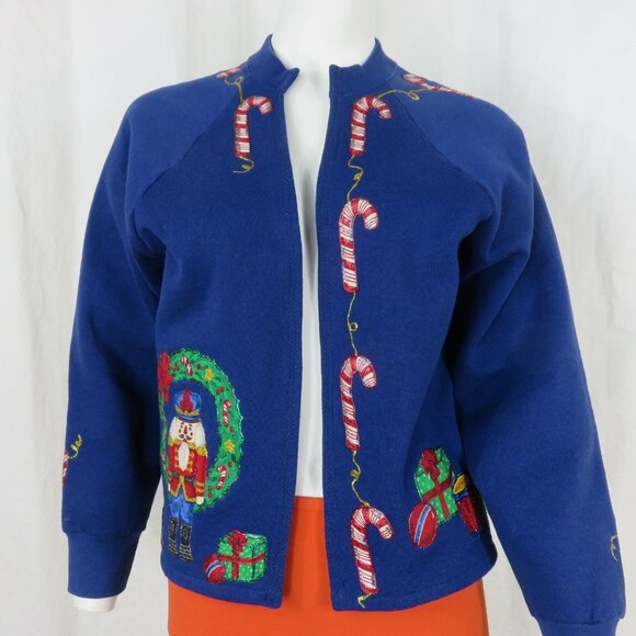 Vintage Fruit Of The Loom Christmas Sweater Blue Nutcracker Candy Cane Gifts M - Picture 12 of 16